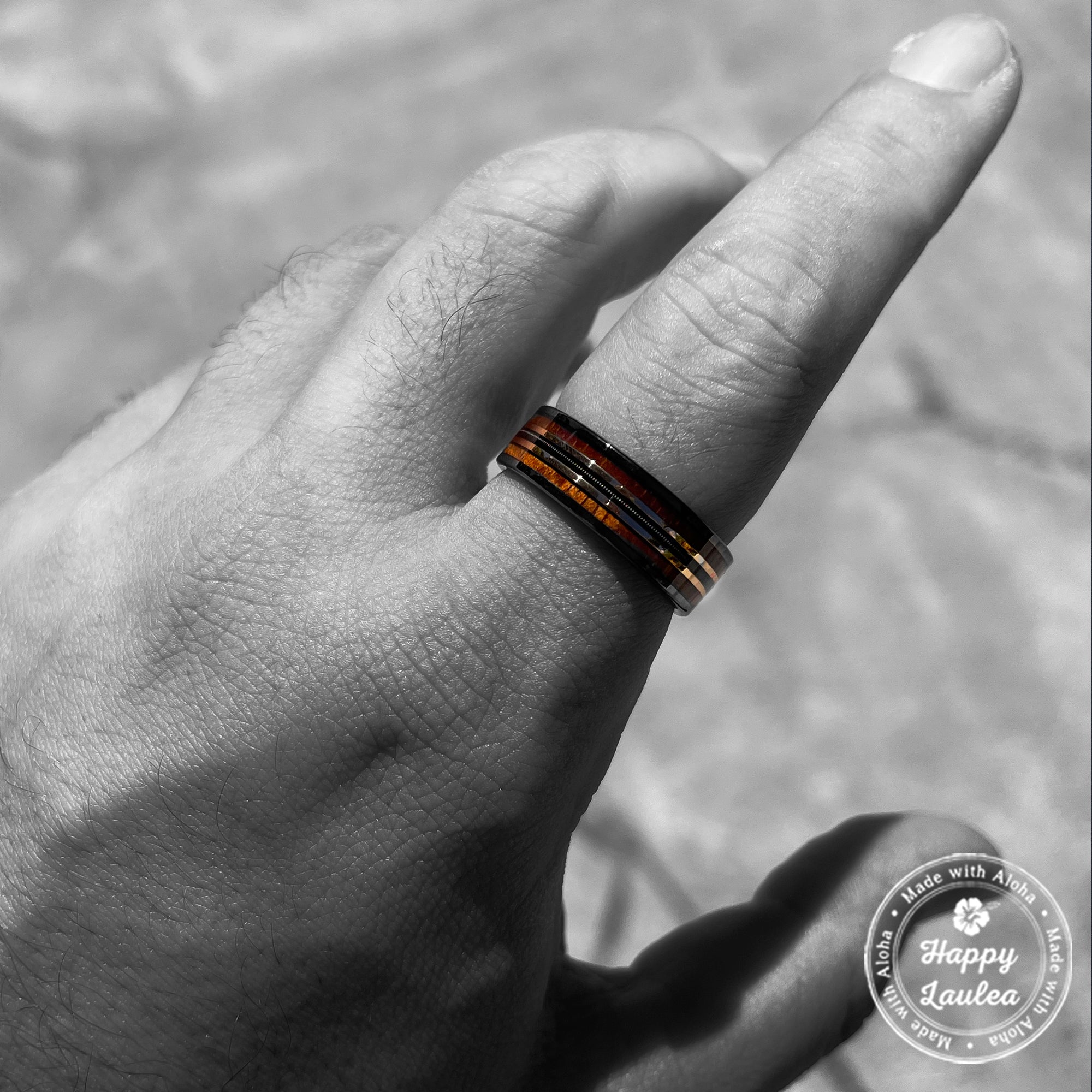 Gun Grey Tungsten Carbide Mid-Rose Gold Strip Ring [7mm width] Guitar String & Hawaiian Koa Wood Inlay - Flat Shape