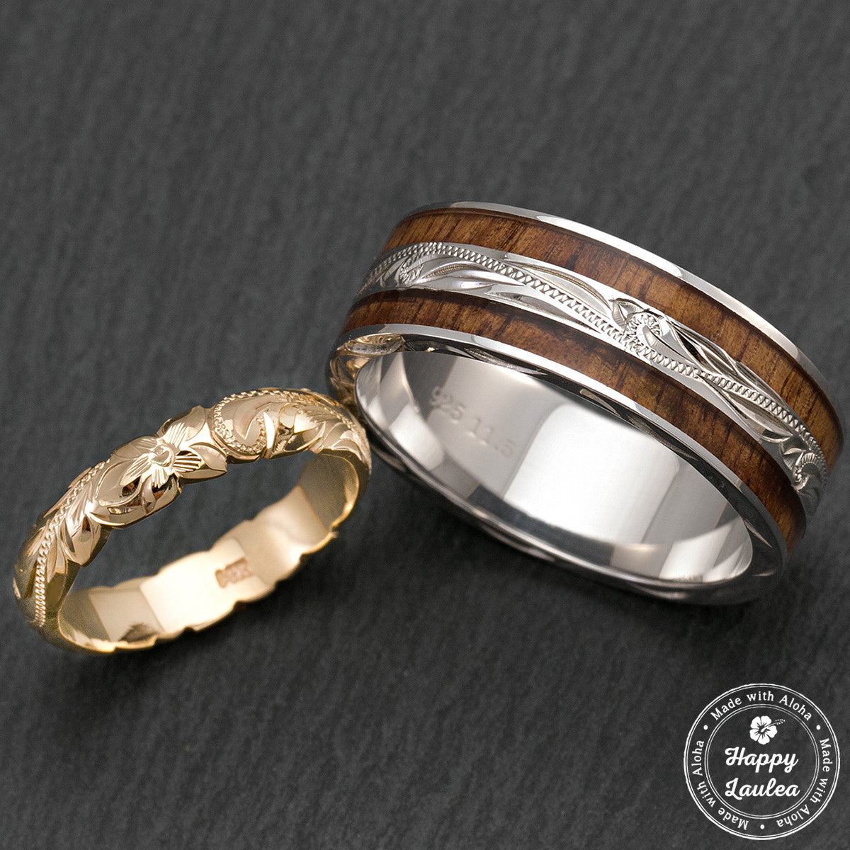 Pair of Hand Engraved 14K Gold And Sterling Silver Ring Set with Hawaiian Koa Wood Inlay - 4&8mm, Standard Fitment