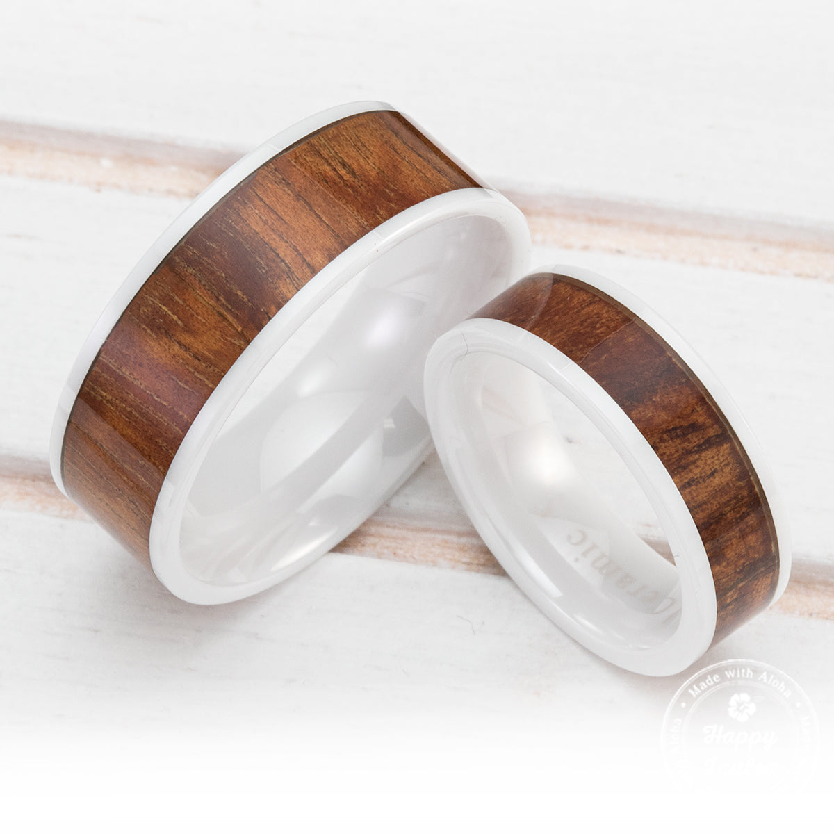 Pair of White Ceramic Couple/Wedding Ring Set with Koa Wood Inlay - 6&8mm, Flat Shape, Comfort Fitment