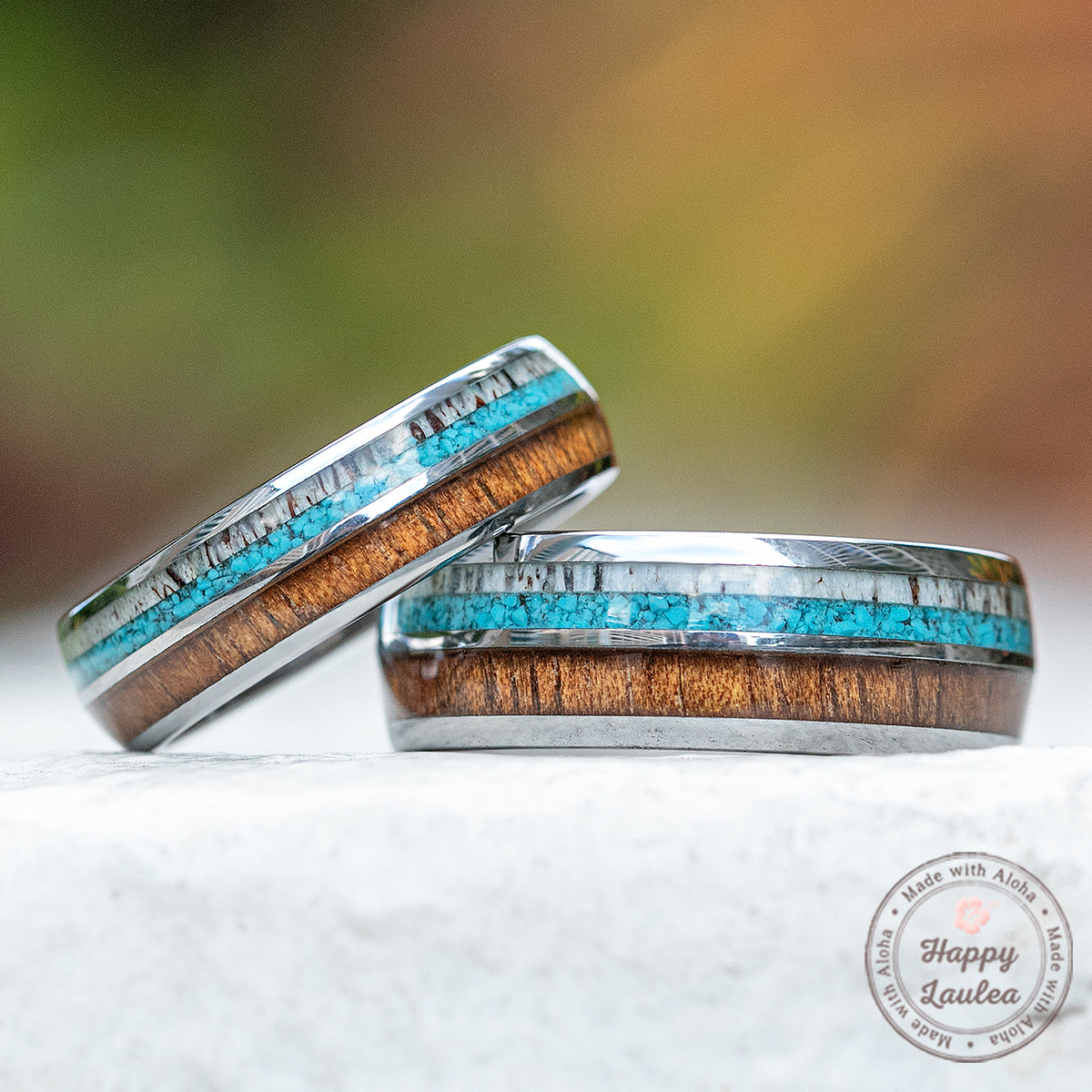 Pair of 6&8mm Tungsten Carbide Rings with Antler, Turquoise, & Hawaiian Koa Wood Inlay - Dome Shape, Comfort Fitment