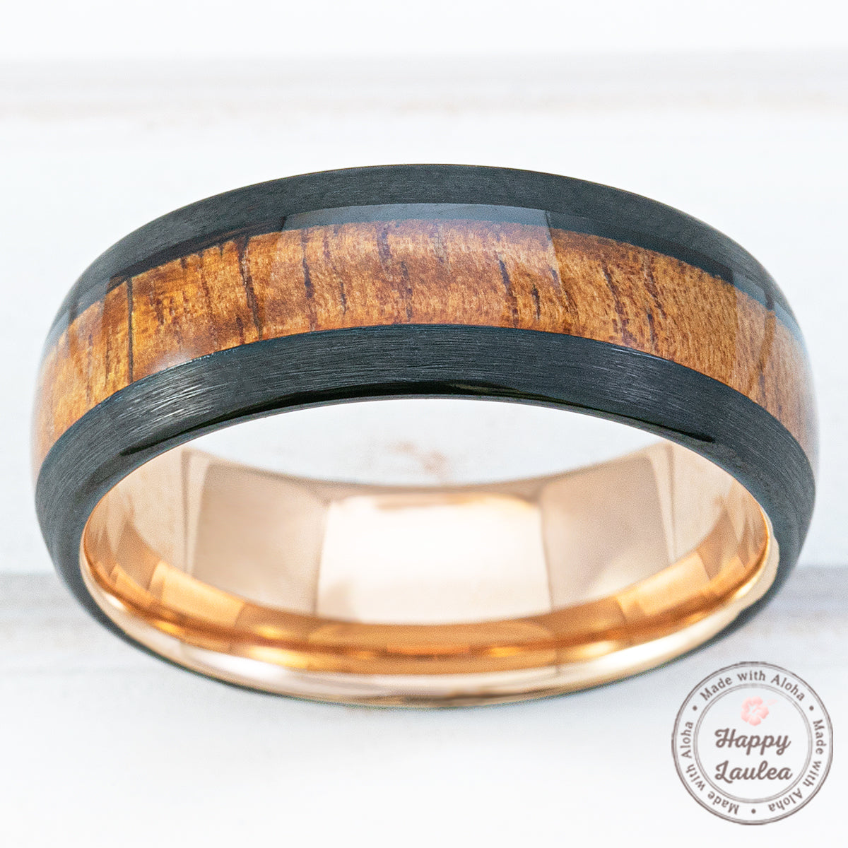 Black & Rose Gold Tungsten Carbide Ring with Hawaiian Koa Wood Inlay - 8mm, Comfort Fitment, Dome Shape