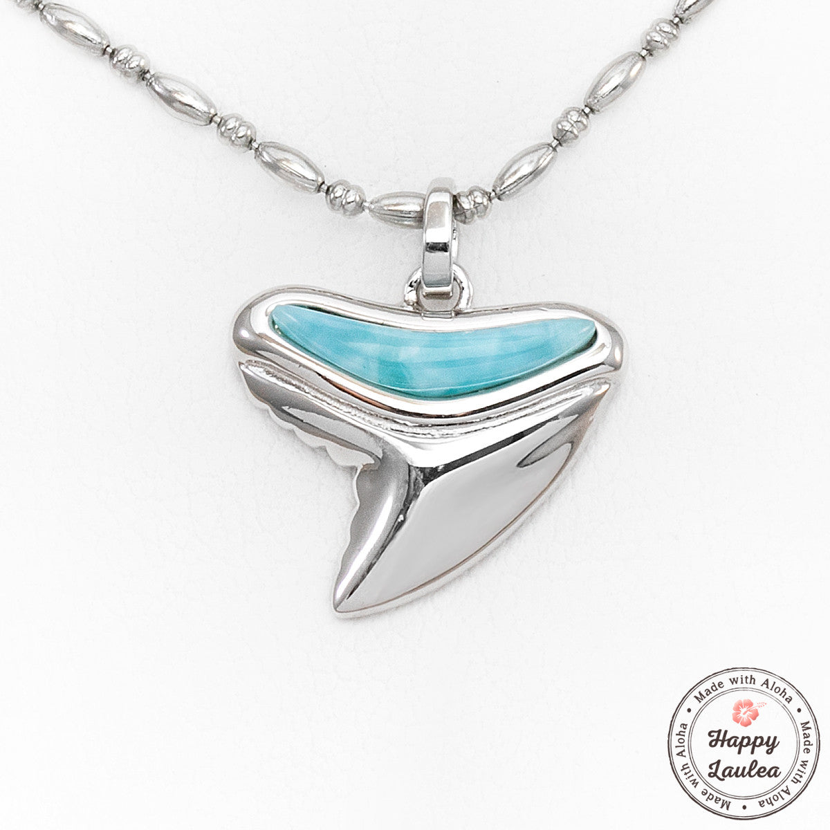 925 Sterling Silver Petite Shark Tooth Pendant with Larimar Stone Setting