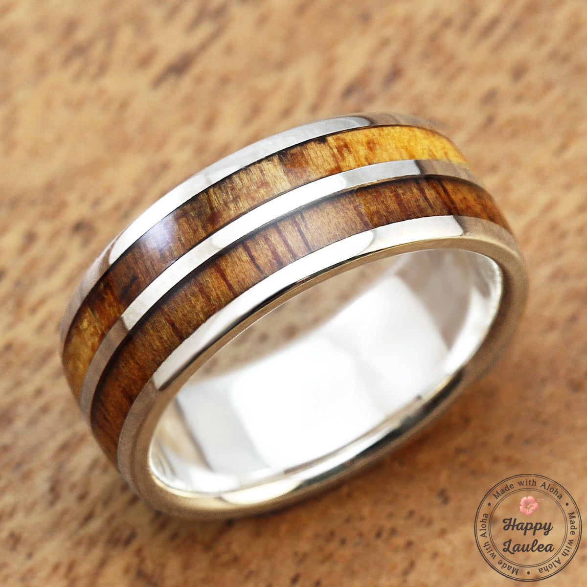 925 Sterling Silver Ring with Hawaiian Koa Wood Duo Inlay - 8mm, Dome Shape, Standard Fitment