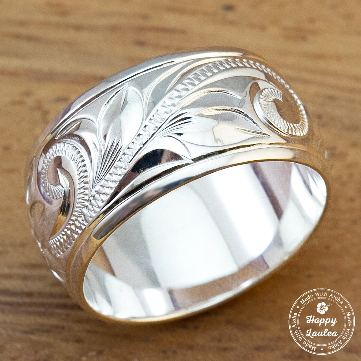 925 Sterling Silver Hand Engraved Old English Design Ring with Polished Edges - 10mm, Dome Shape, Standard Fitment