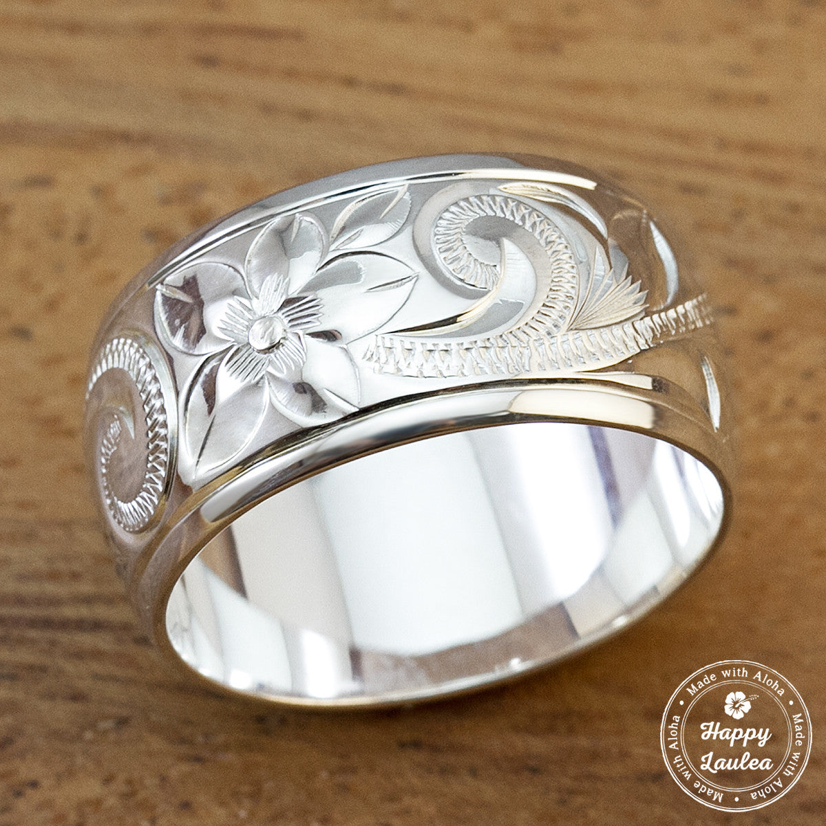 925 Sterling Silver Hand Engraved Old English Design Ring with Polished Edges - 10mm, Dome Shape, Standard Fitment