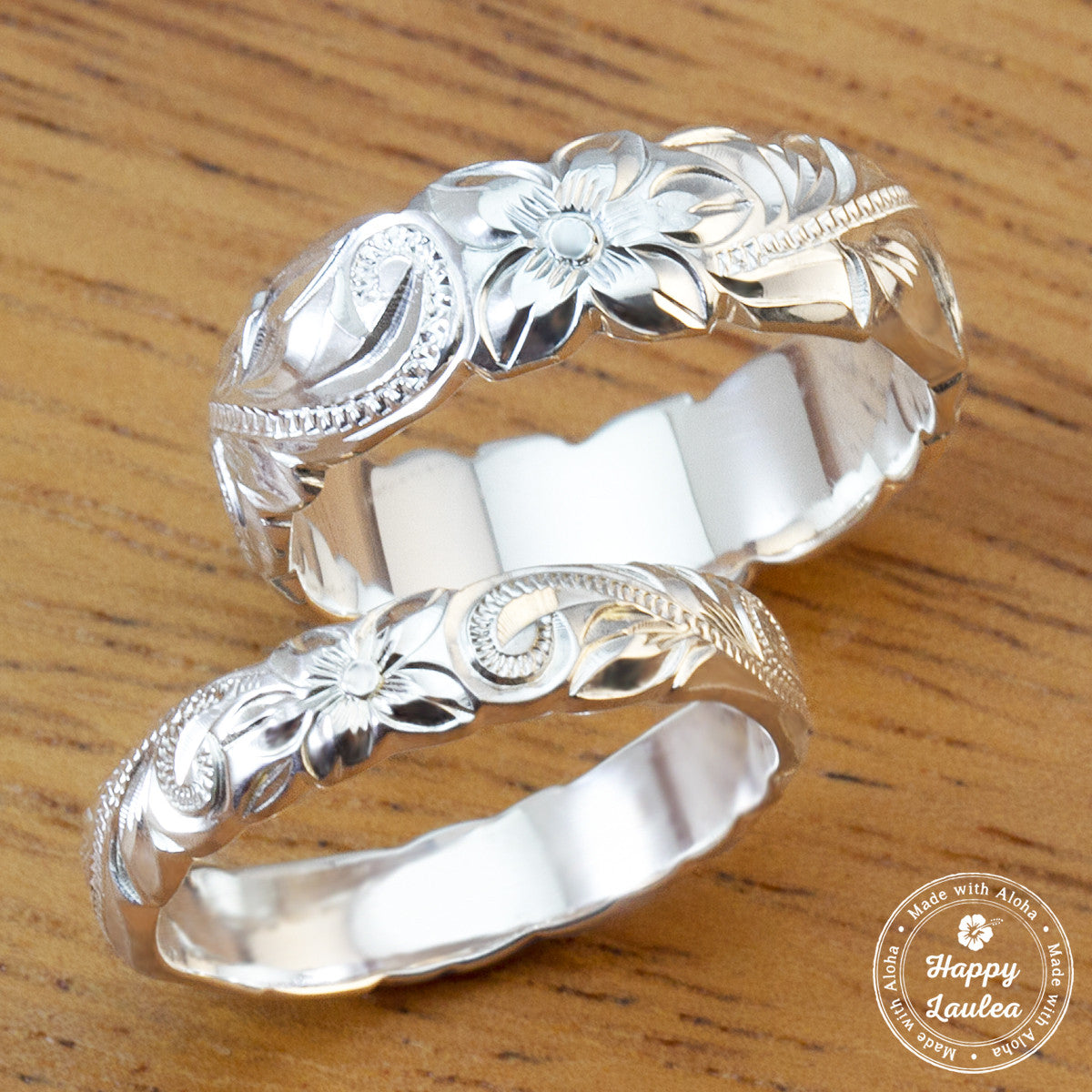 Pair of 925 Sterling Silver Hand Engraved Old English Design Rings - 4&6mm, Dome Shape, Standard Fitment