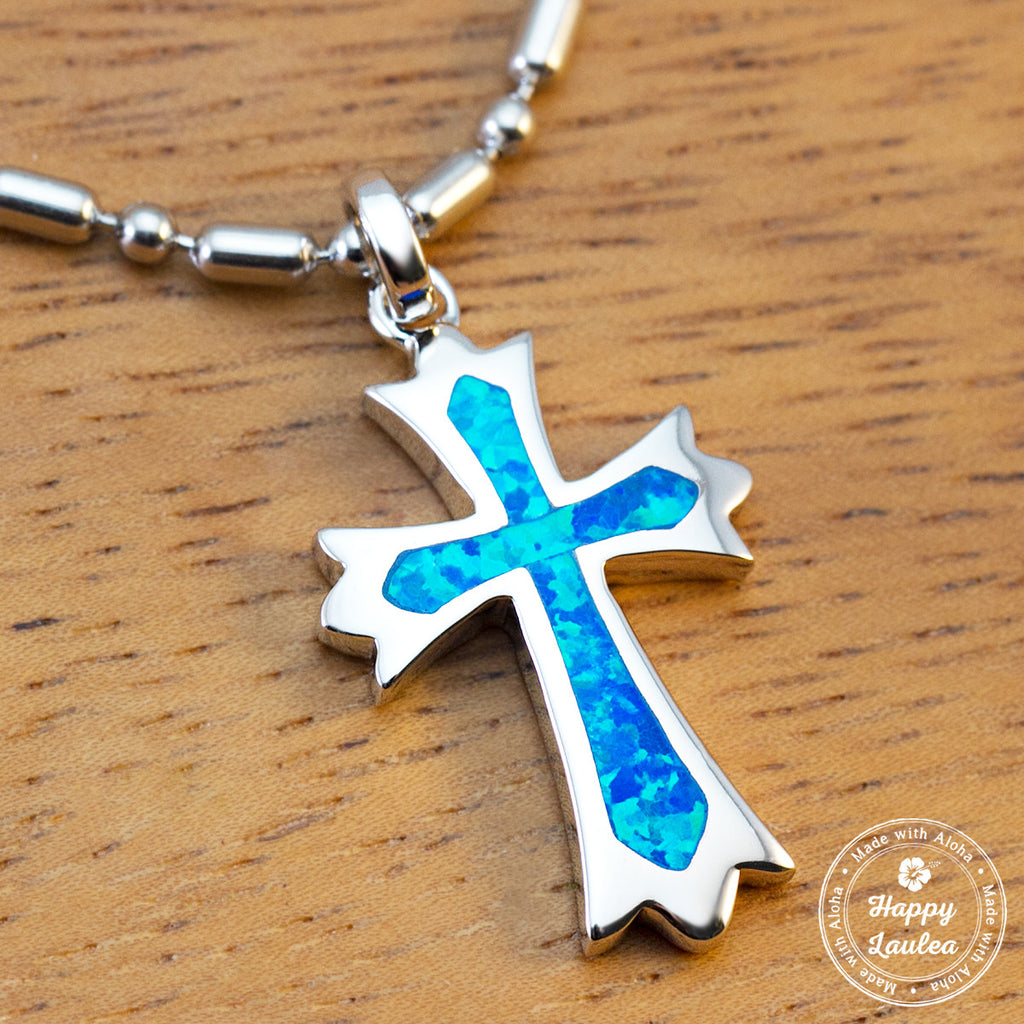 Sterling Silver Cross Pendant with Blue Opal Inlay
