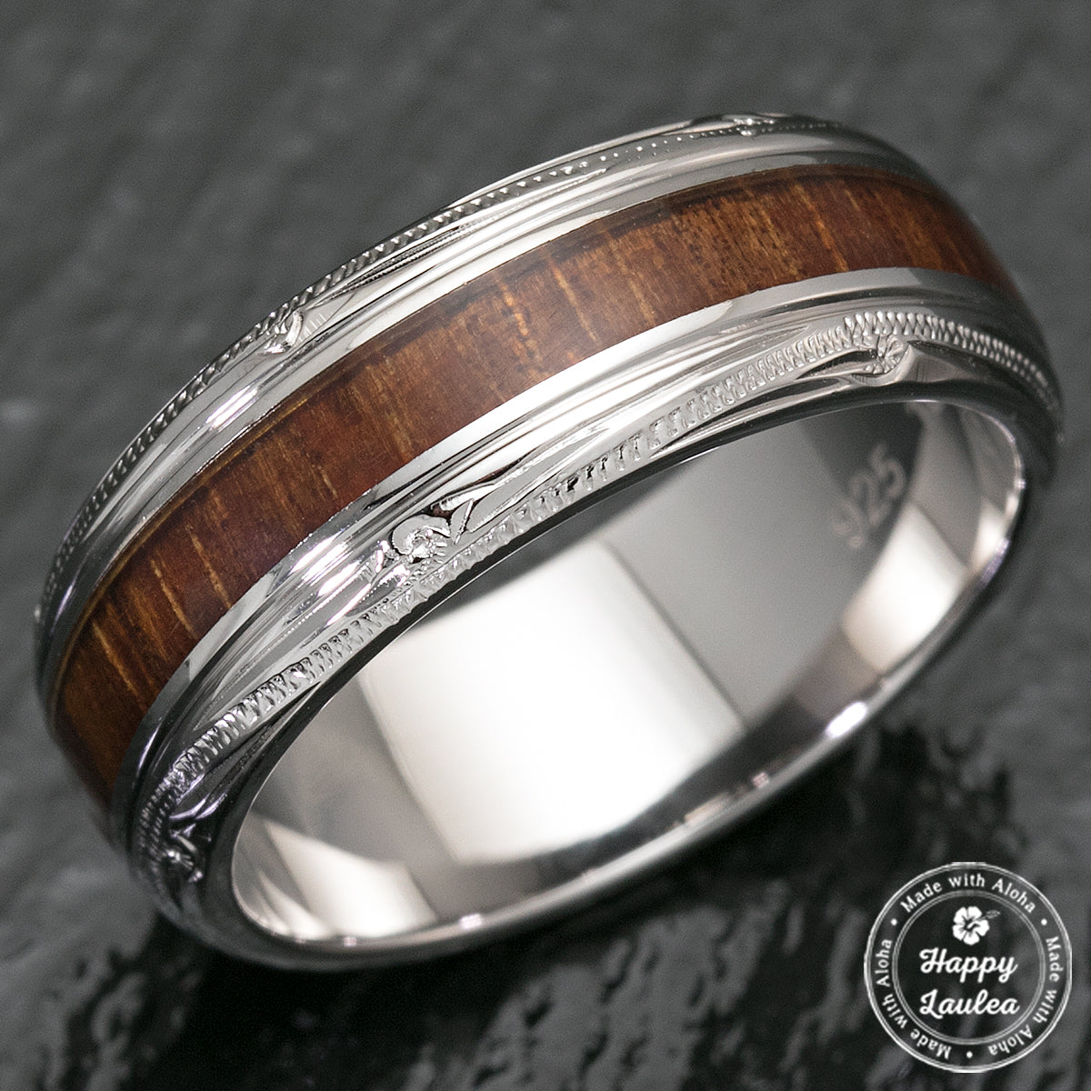 Sterling Silver Hawaiian Jewelry Ring with Koa Wood Inlay - 8mm, Dome Shape, Standard Fitment