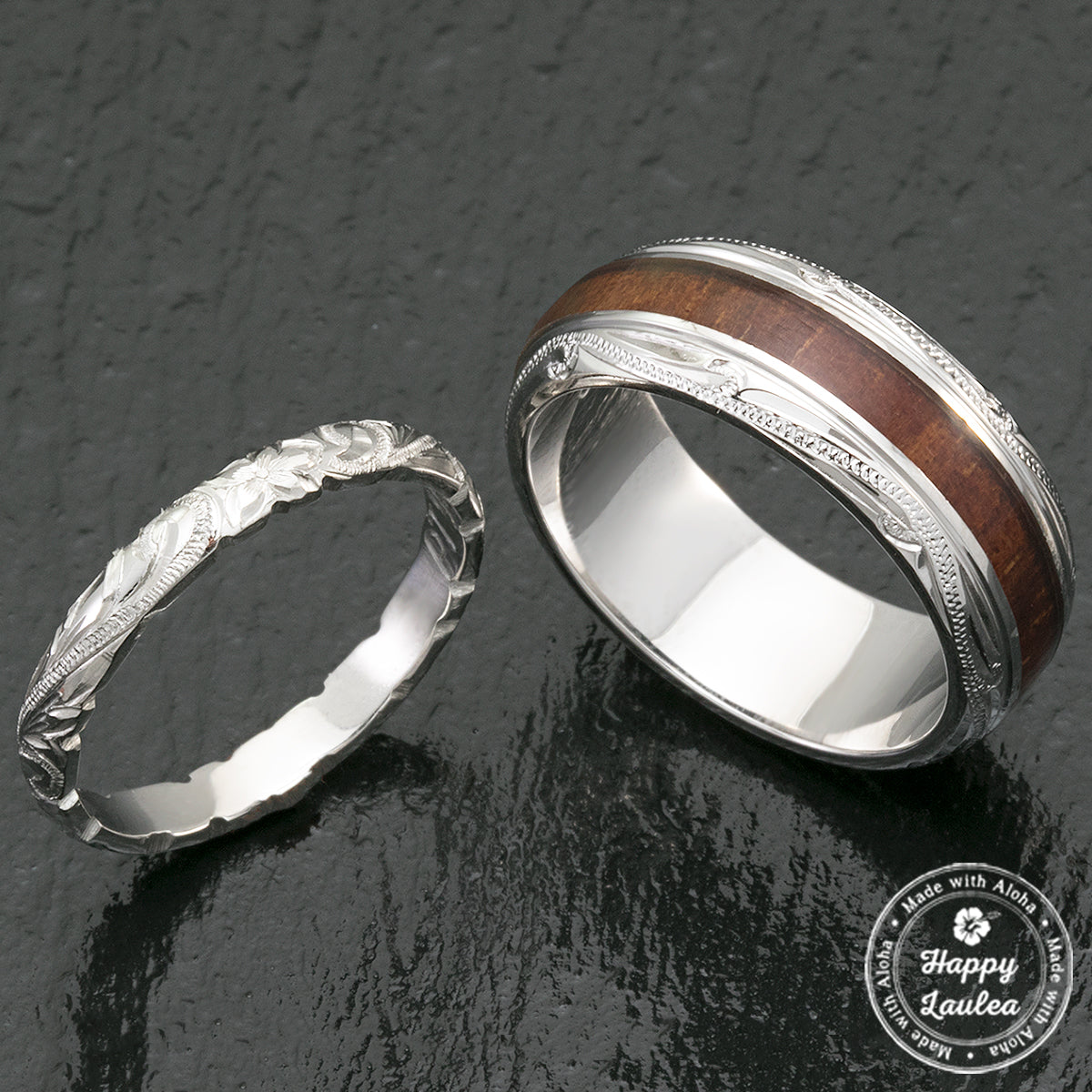 Pair of Platinum & Sterling Silver Koa Wood Hawaiian Jewelry Rings - 3&8mm, Dome Shape