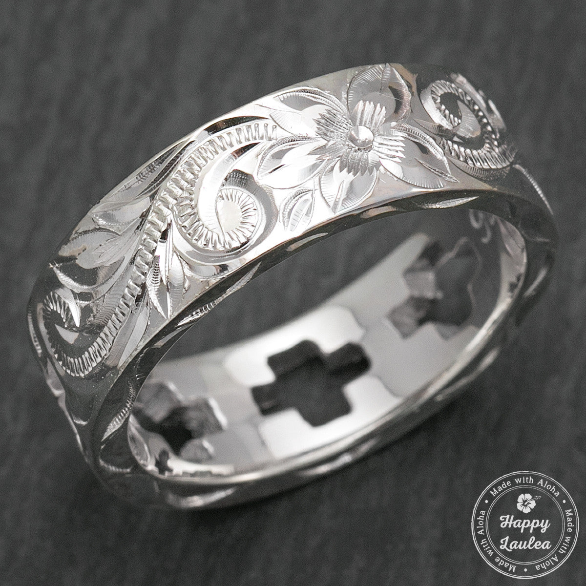 925 Sterling Silver Hand Engraved Open Cross Ring [6mm width] Hawaiian Old English Design