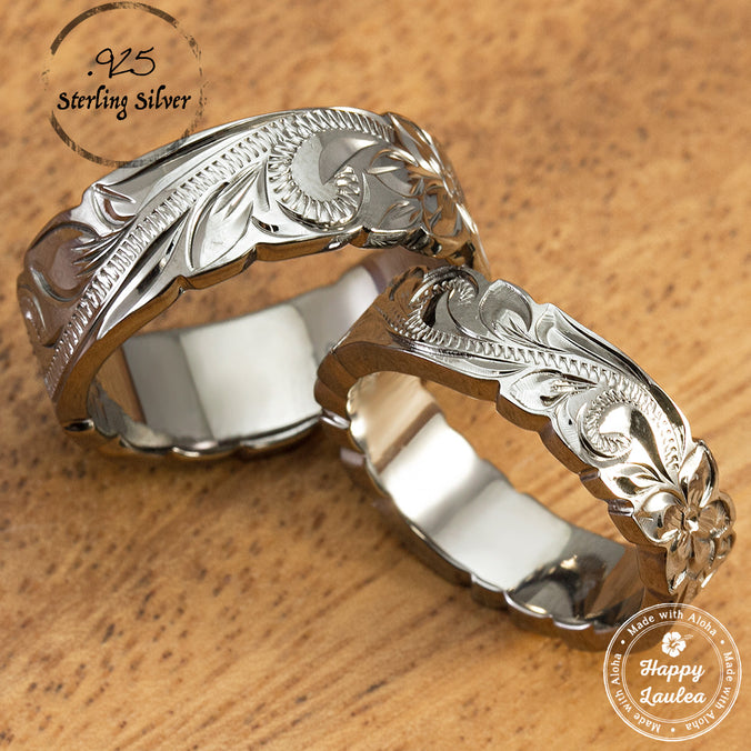 Pair of Sterling Silver Rhodium Coated Hand Engraved Hawaiian Jewelry Rings - 6&8mm, Flat Shape, Standard Fitment