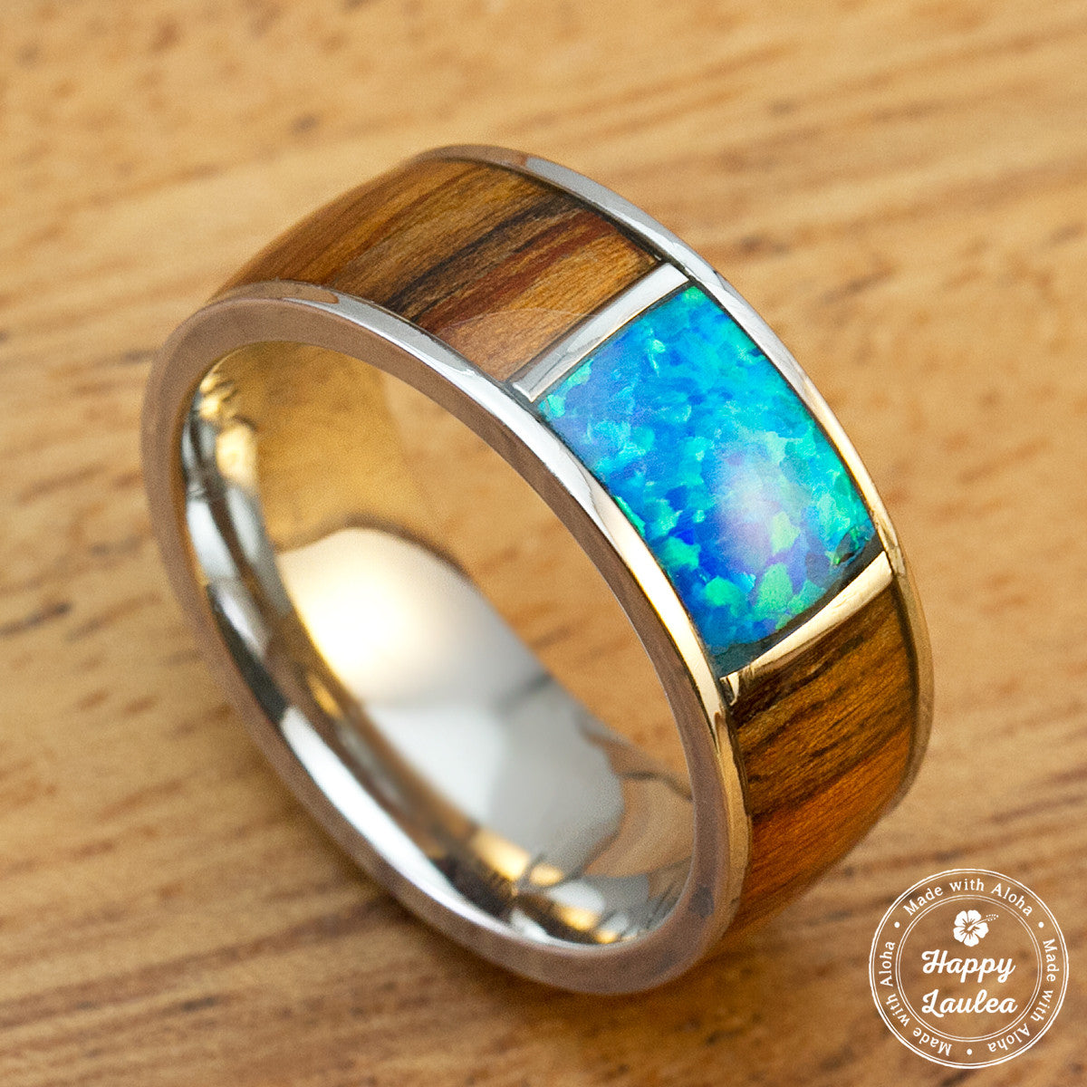 Stainless Steel Ring with Koa Wood & Center Opal Inlay - 8mm, Dome Shape, Comfort Fitment