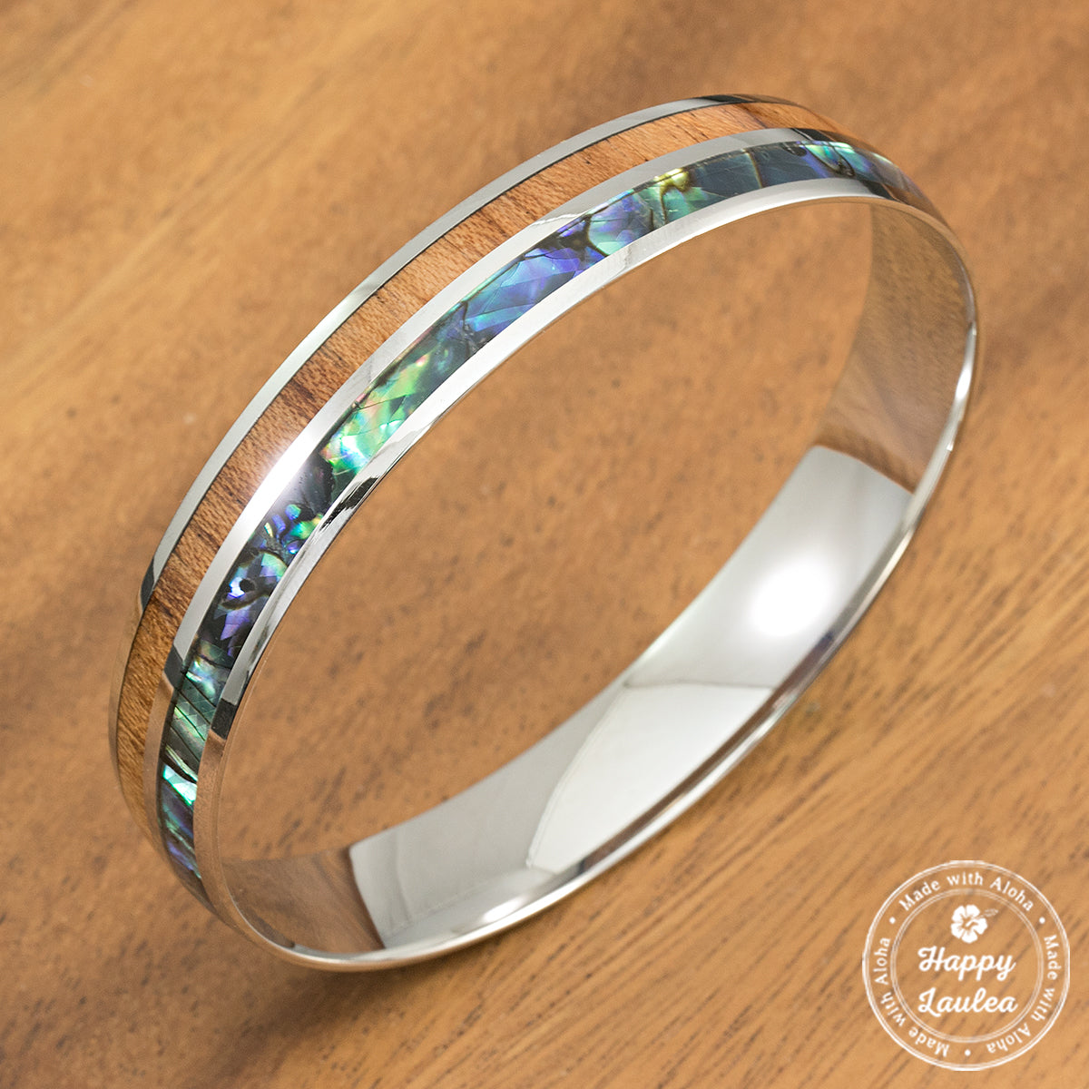 316L Stainless Steel Bracelet with Abalone Pau'a Shell & Hawaiian Koa Wood Inlay, 6mm-10mm, Dome Shape,