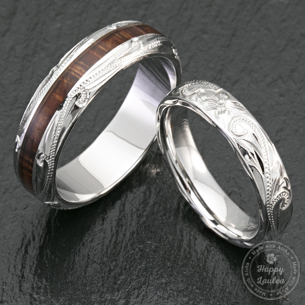 Pair of 4&6mm Sterling Silver Hawaiian Jewelry Couple/Wedding Rings with Koa Wood Inlay - Dome Shape,  Comfort Fitment