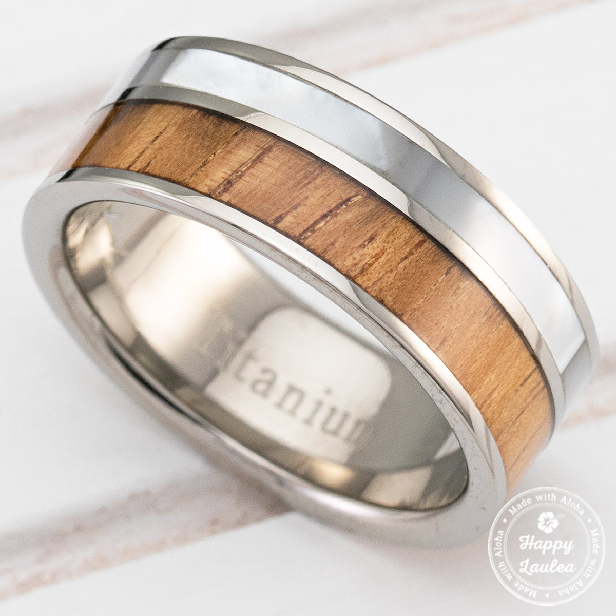 Titanium Ring with Hawaiian Koa Wood & Mother Of Pearl Shell Inlay - 8mm, Flat Shape, Comfort Fitment