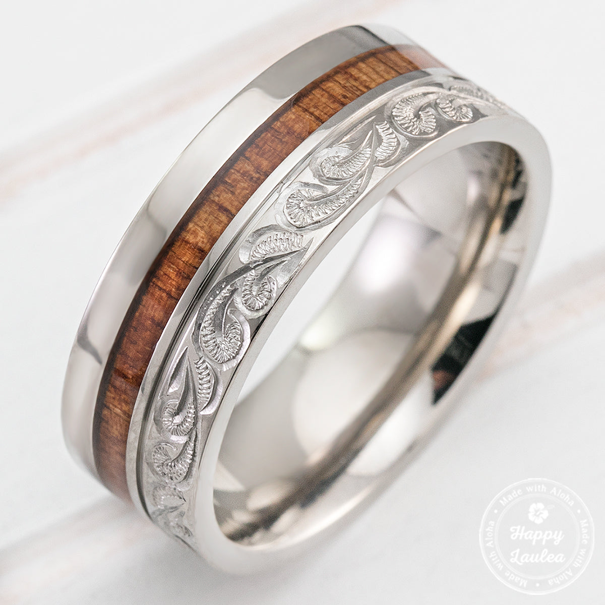 Titanium Hand Engraved Scroll Design Ring with Hawaiian Koa Wood Inlay - 8mm, Flat Shape, Comfort Fitment