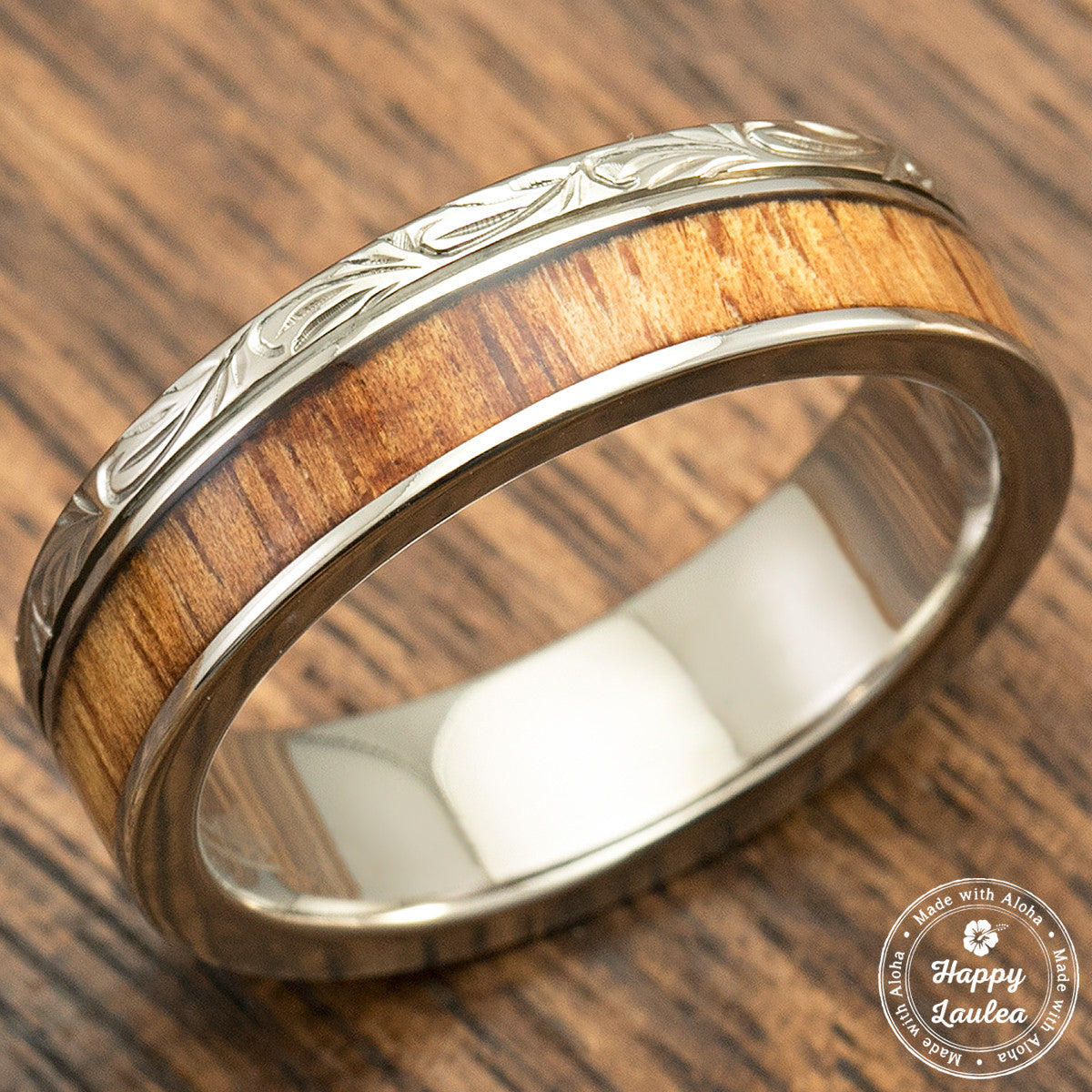 Titanium Hand Engraved Ring with Hawaiian Koa Wood Inlay - 6mm, Flat Shaped, Standard Fitment