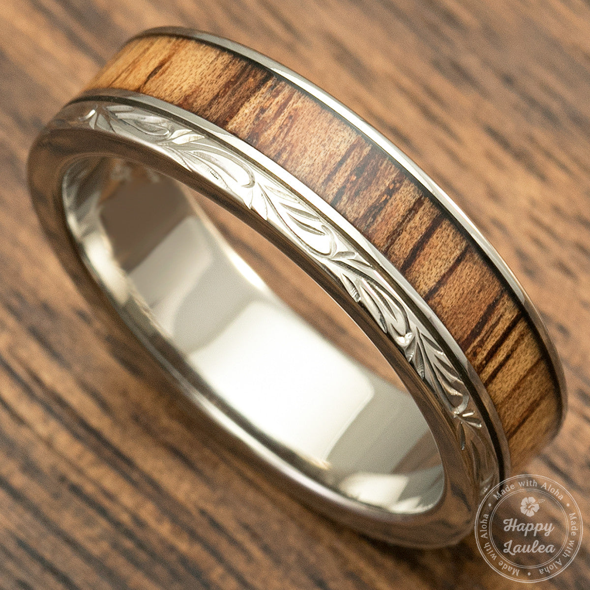 Titanium Hand Engraved Ring with Hawaiian Koa Wood Inlay - 6mm, Flat Shaped, Standard Fitment
