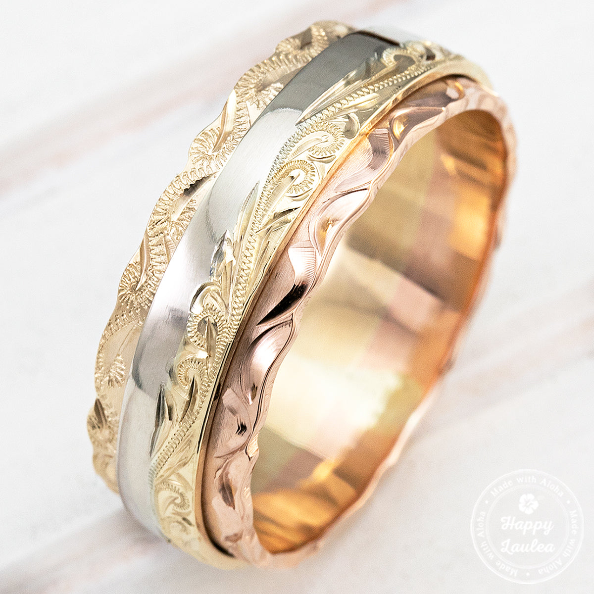 14K Gold Tri Tone 8mm width Hawaiian Jewelry Ring Hand Engraved Old English Design - Flat Shape, Standard Fitment