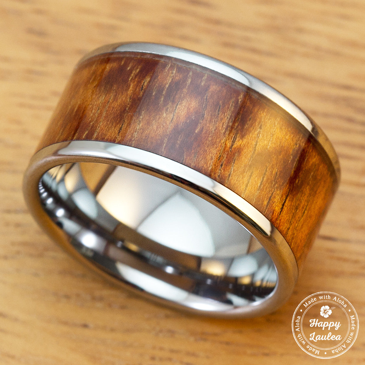 Tungsten Carbide Ring with Koa Wood Inlay, 12mm, Flat Shape,