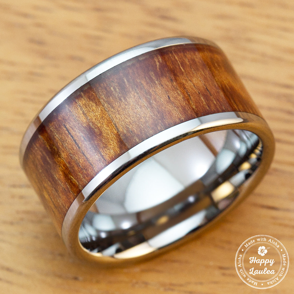 Tungsten Carbide Ring with Koa Wood Inlay, 12mm, Flat Shape,