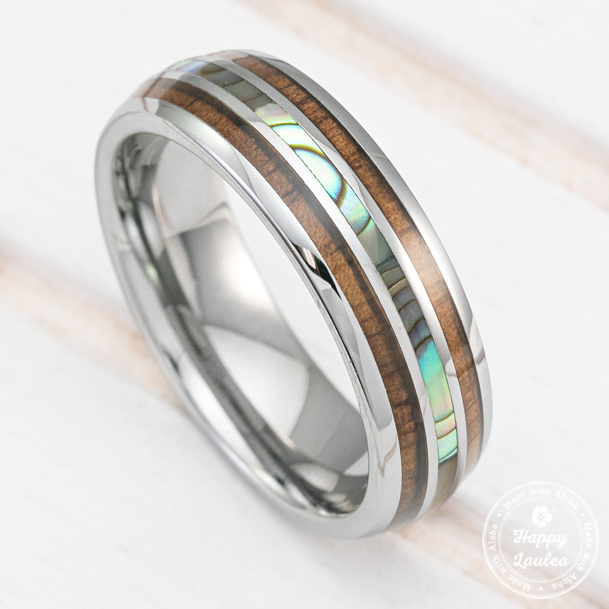 Tungsten Carbide Ring with Koa Wood & Abalone Shell Tri Inlay - 6mm, Dome Shape Comfort Fitment