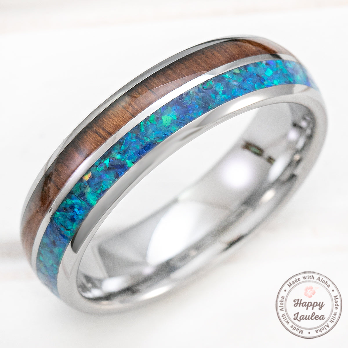 Tungsten Carbide 6mm Ring with Azure Opal & Koa Wood Duo-Inlay - Dome Shape, Comfort Fitment