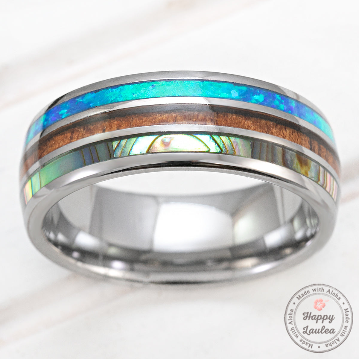 Tungsten Carbide 8mm Ring with Abalone Shell, Koa Wood, & Blue Opal Tri-Inlay - Dome Shape, Comfort Fitment