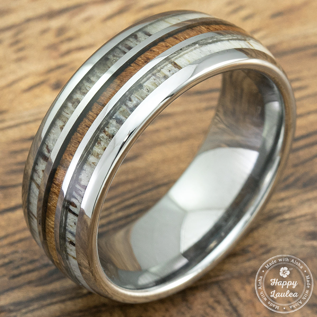 Tungsten Carbide Ring with Antler & Koa Wood Tri Inlay - 8mm, Dome Shape, Comfort Fitment
