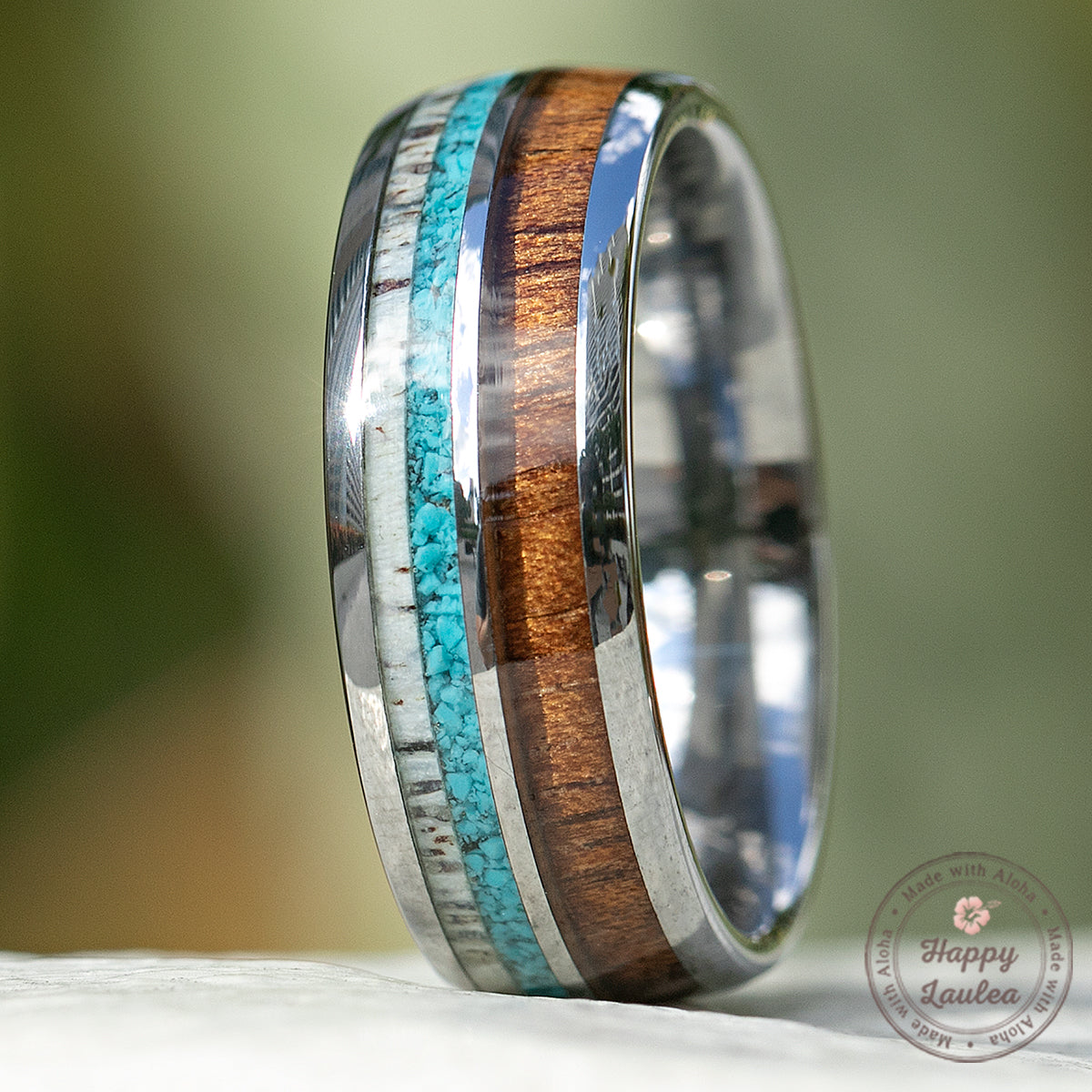 Tungsten Carbide with Antler, Turquoise, & Hawaiian Koa Wood - 8mm, Dome Shape, Comfort Fitment