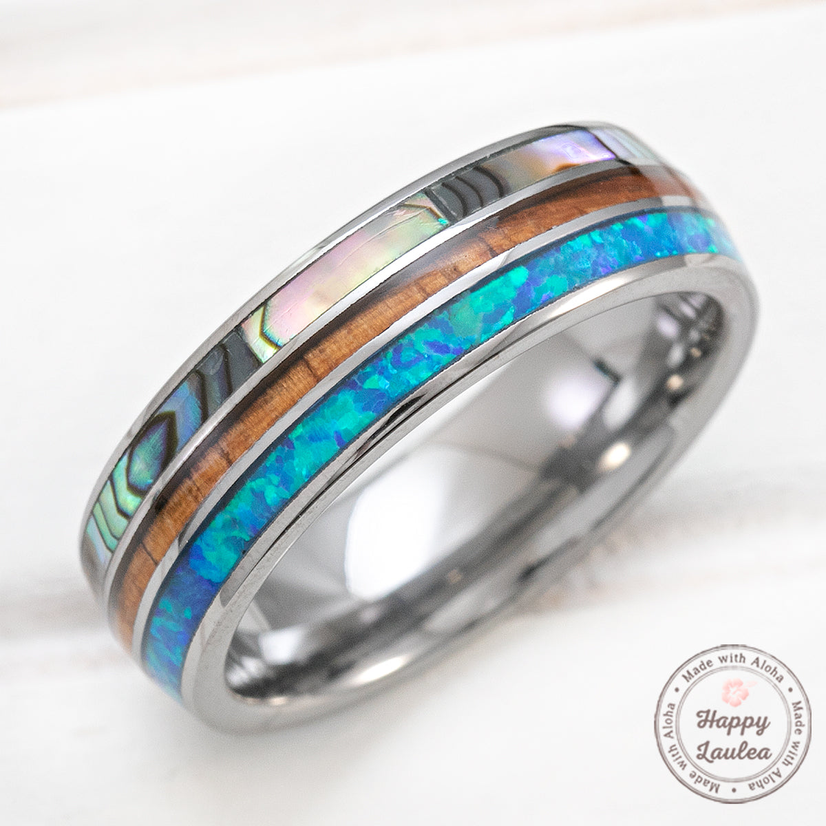 Tungsten Carbide 6mm Ring with Abalone Shell, Koa Wood, & Opal Tri- Inlay - Dome Shape, Comfort Fitment