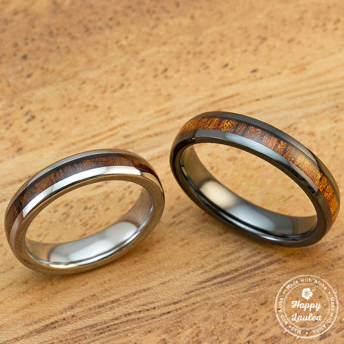 Pair of Black Ceramic and Tungsten Carbide with Koa Wood Inlay - 4mm & 4mm, Dome Shape, Comfort Fitment