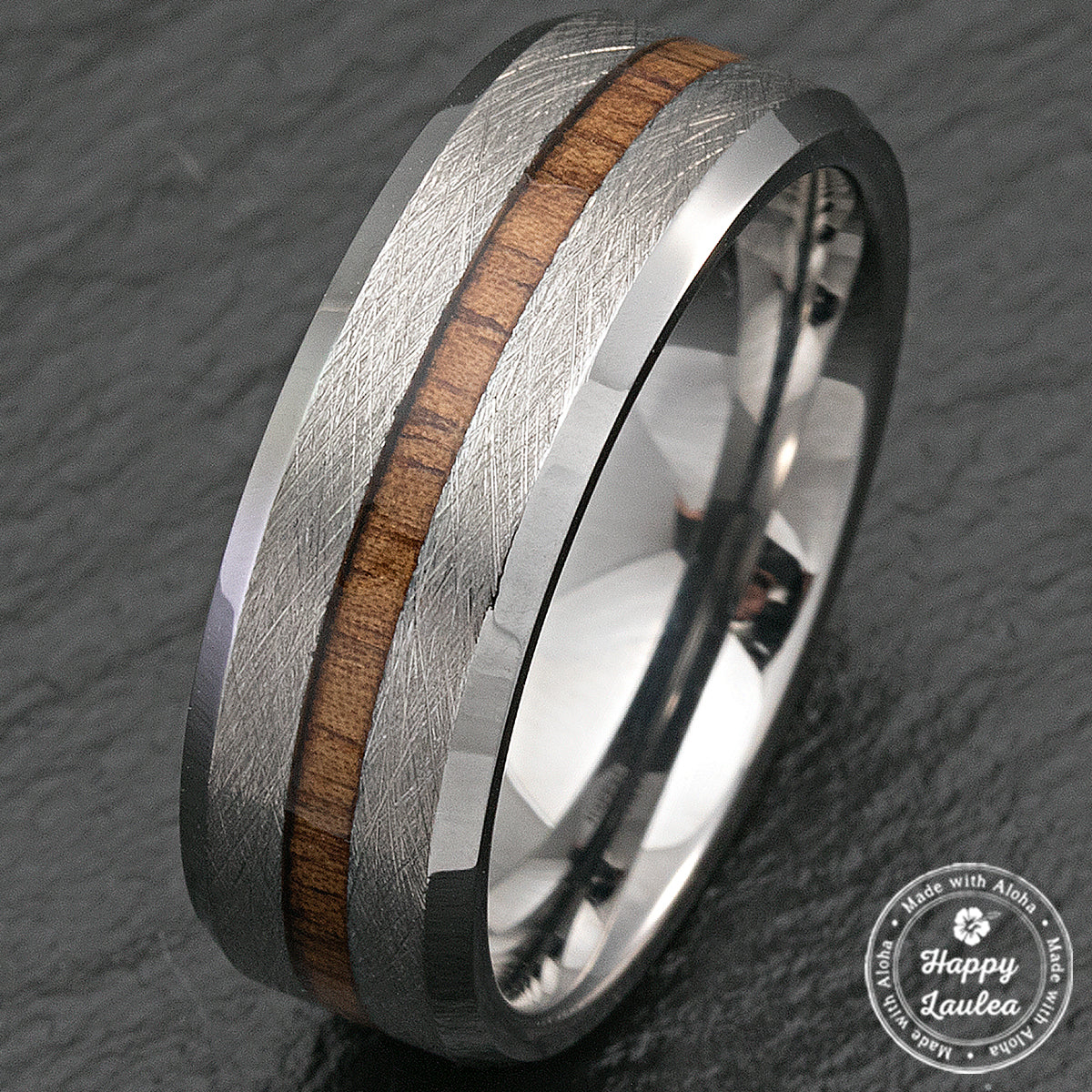 Tungsten Carbide Cross Brush Finish Beveled Ring with Hawaiian Koa Wood Inlay - 8mm, Flat Shape, Comfort Fitment