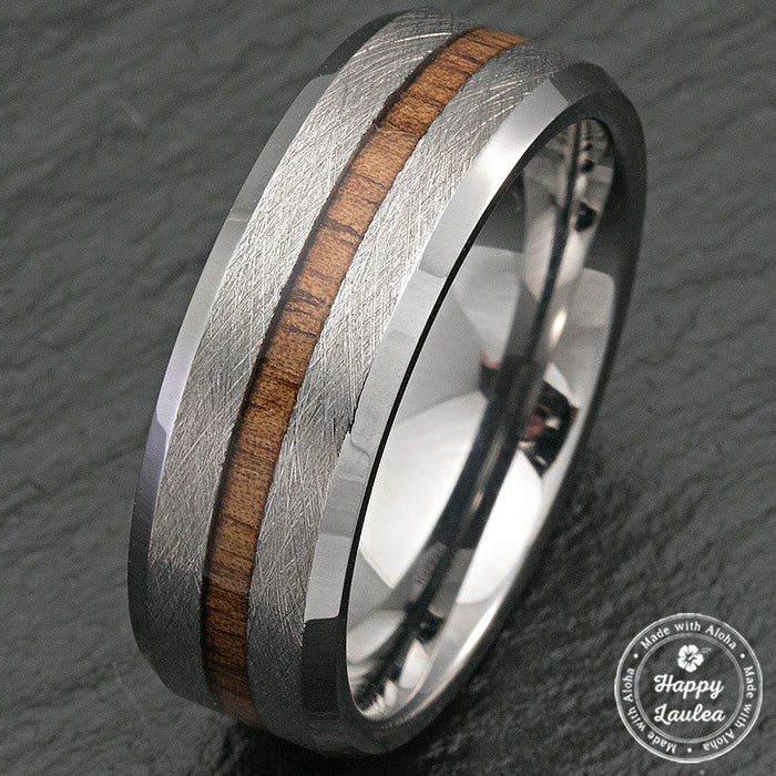 Tungsten Carbide Cross Brush Finish Beveled Ring with Hawaiian Koa Wood Inlay - 8mm, Flat Shape, Comfort Fitment