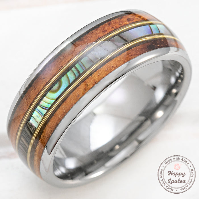Tungsten Carbide 8mm Ring with Guitar String, Abalone Shell, & Koa Wood - Dome Shape, Comfort Fitment
