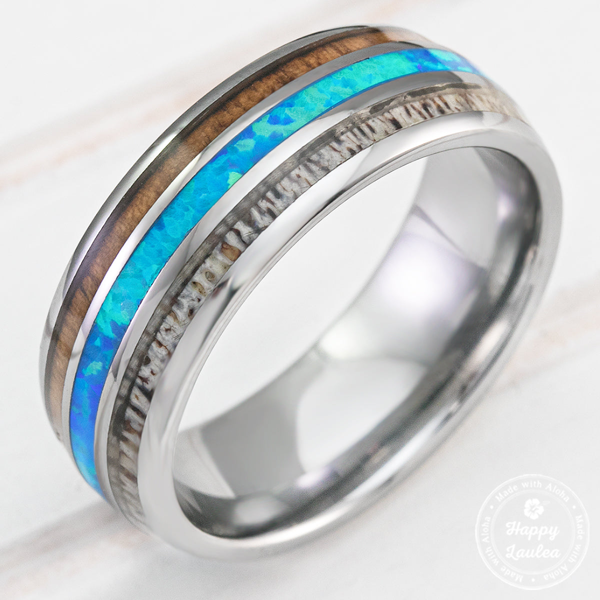 Tungsten Carbide Ring with Koa Wood, Blue Opal & Antler Tri Inlay - 8mm, Dome Shape, Comfort Fitment