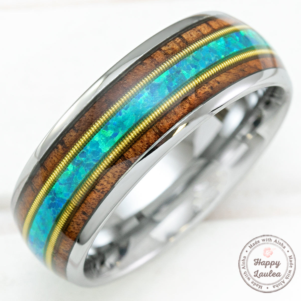 Tungsten Carbide 8mm Ring with Guitar String, Blue Opal, & Koa Wood - Dome Shape, Comfort Fitment