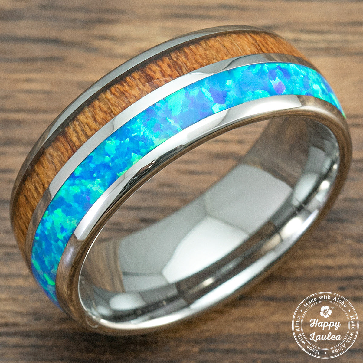 Tungsten Carbide Ring with Blue Opal & Koa Wood Duo Inlay, 6-8mm, Dome Shape, Comfort Fitment