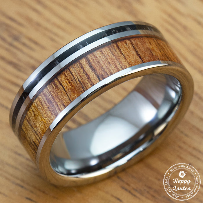 Tungsten Carbide Ring with Koa Wood & Thin Ebony Offset - 8mm, Flat Shape, Comfort Fitment