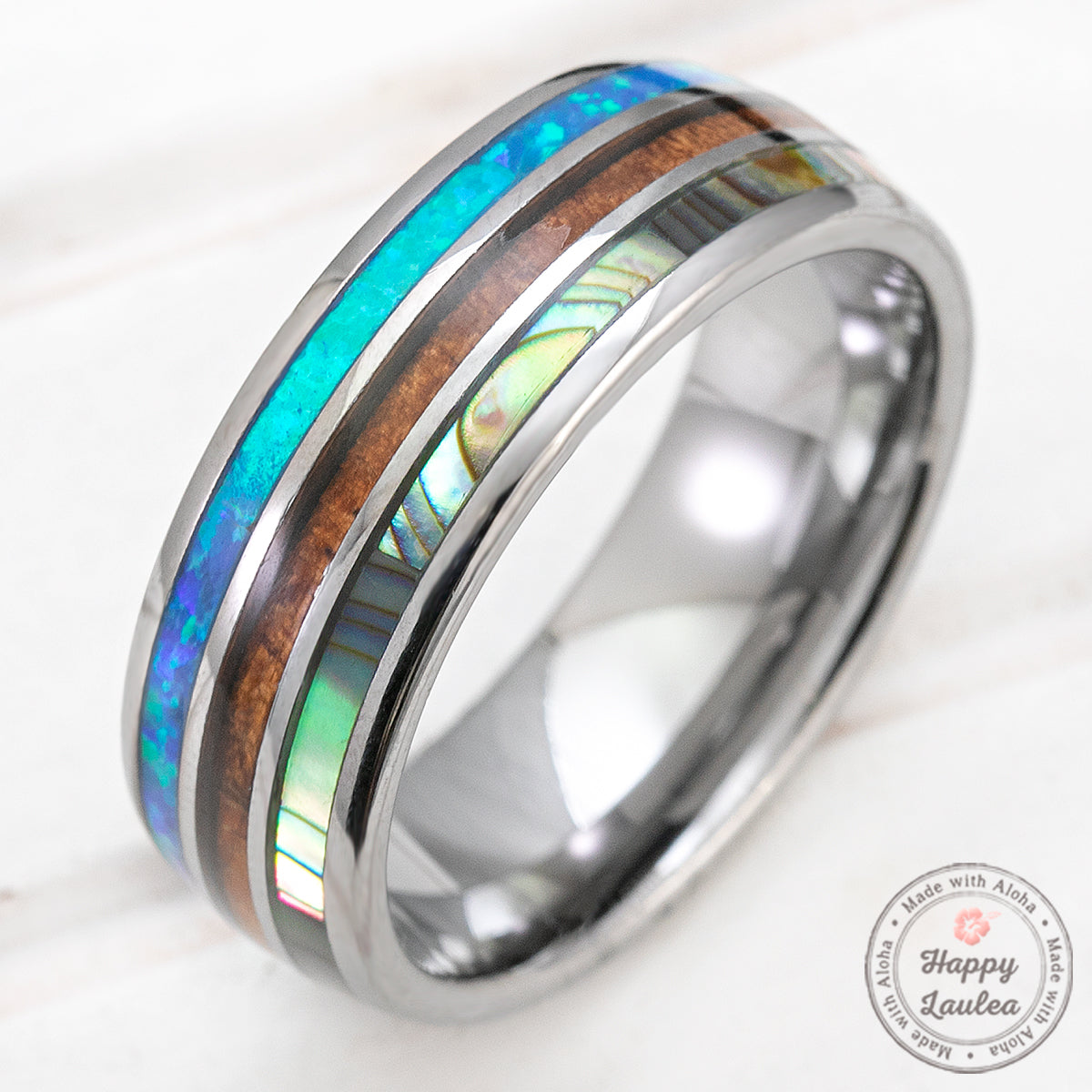 Tungsten Carbide 8mm Ring with Abalone Shell, Koa Wood, & Blue Opal Tri-Inlay - Dome Shape, Comfort Fitment