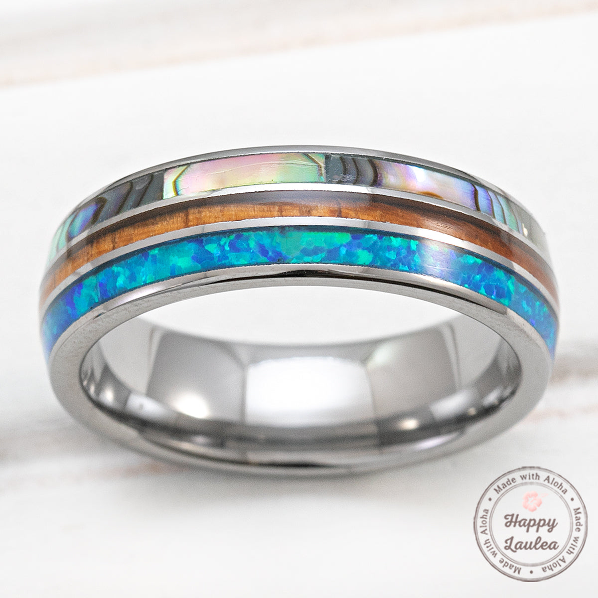 Tungsten Carbide 6mm Ring with Abalone Shell, Koa Wood, & Opal Tri- Inlay - Dome Shape, Comfort Fitment