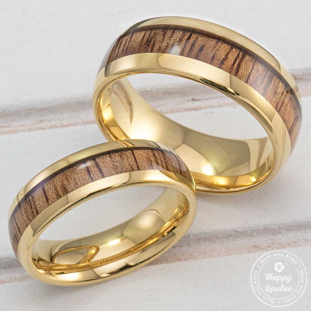 Pair of Tungsten Carbide Gold Plated Rings with Koa Wood Inlay - 6&8mm, Dome Shape, Comfort Fitment