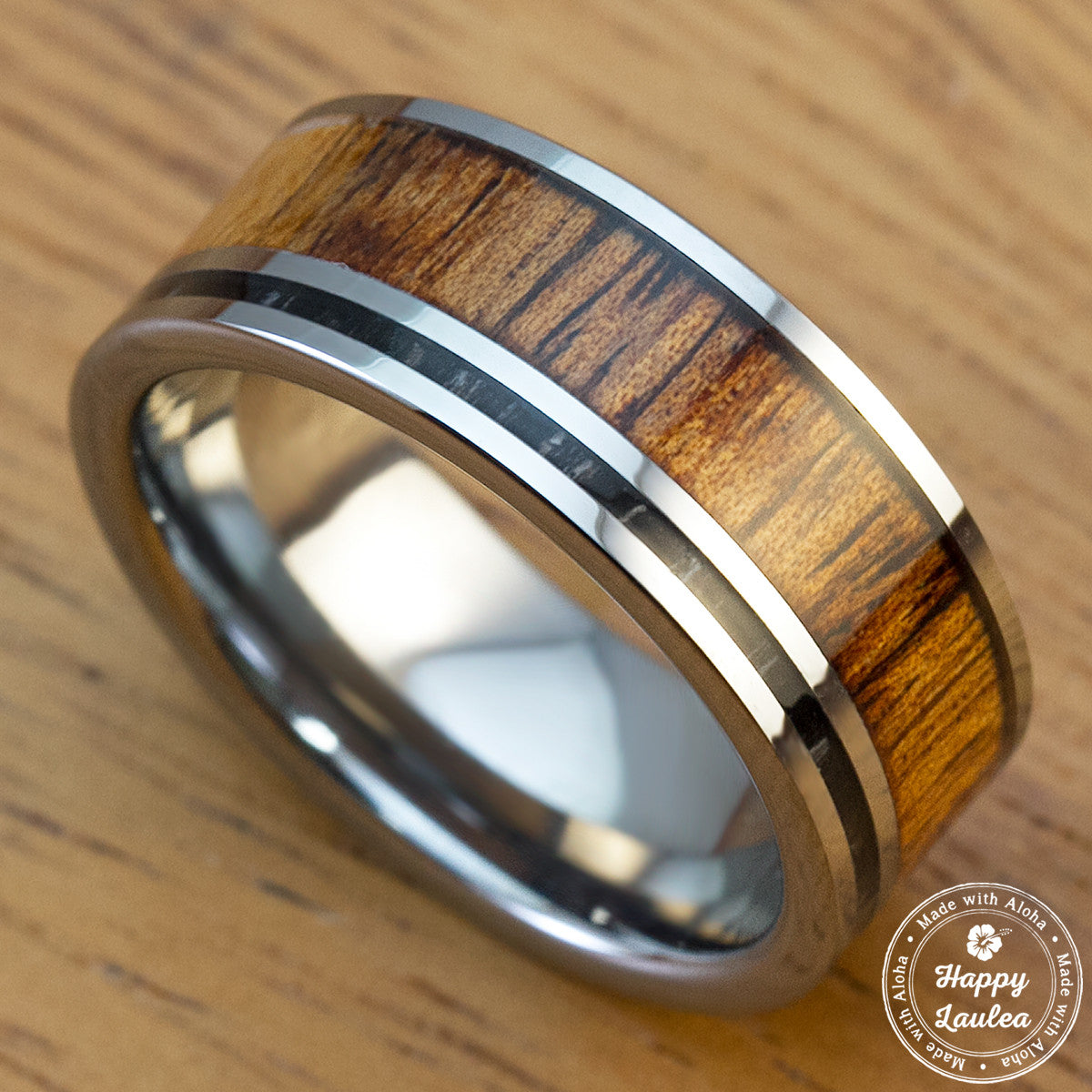 Tungsten Carbide Ring with Koa Wood & Thin Ebony Offset - 8mm, Flat Shape, Comfort Fitment