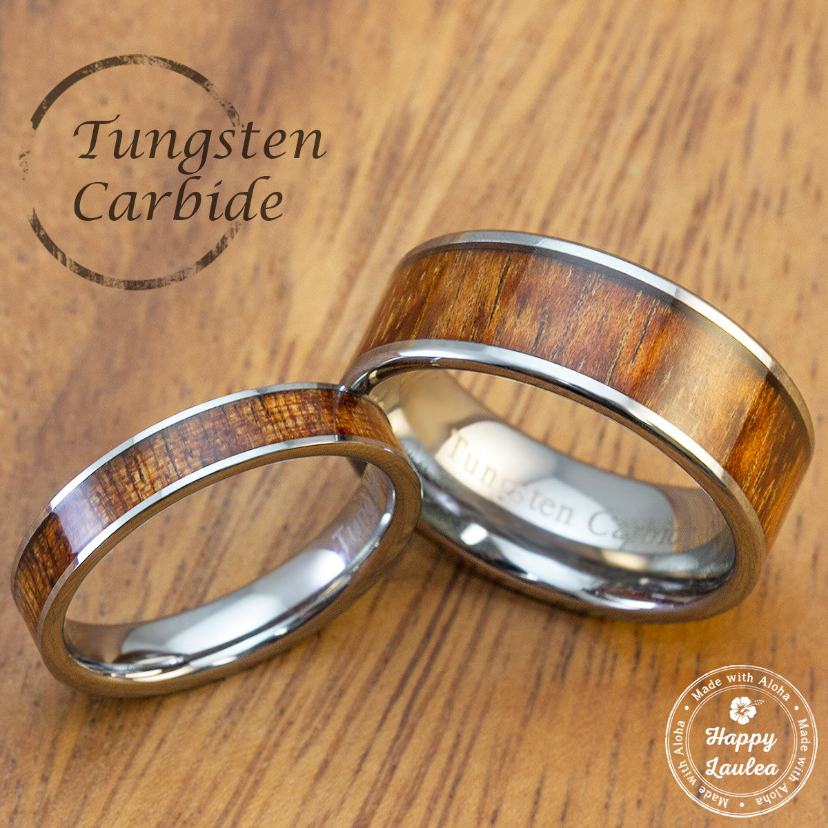 Pair of Tungsten Carbide Rings with Hawaiian Koa Wood Inlay - 4&8mm, Flat Shape Comfort Fitment