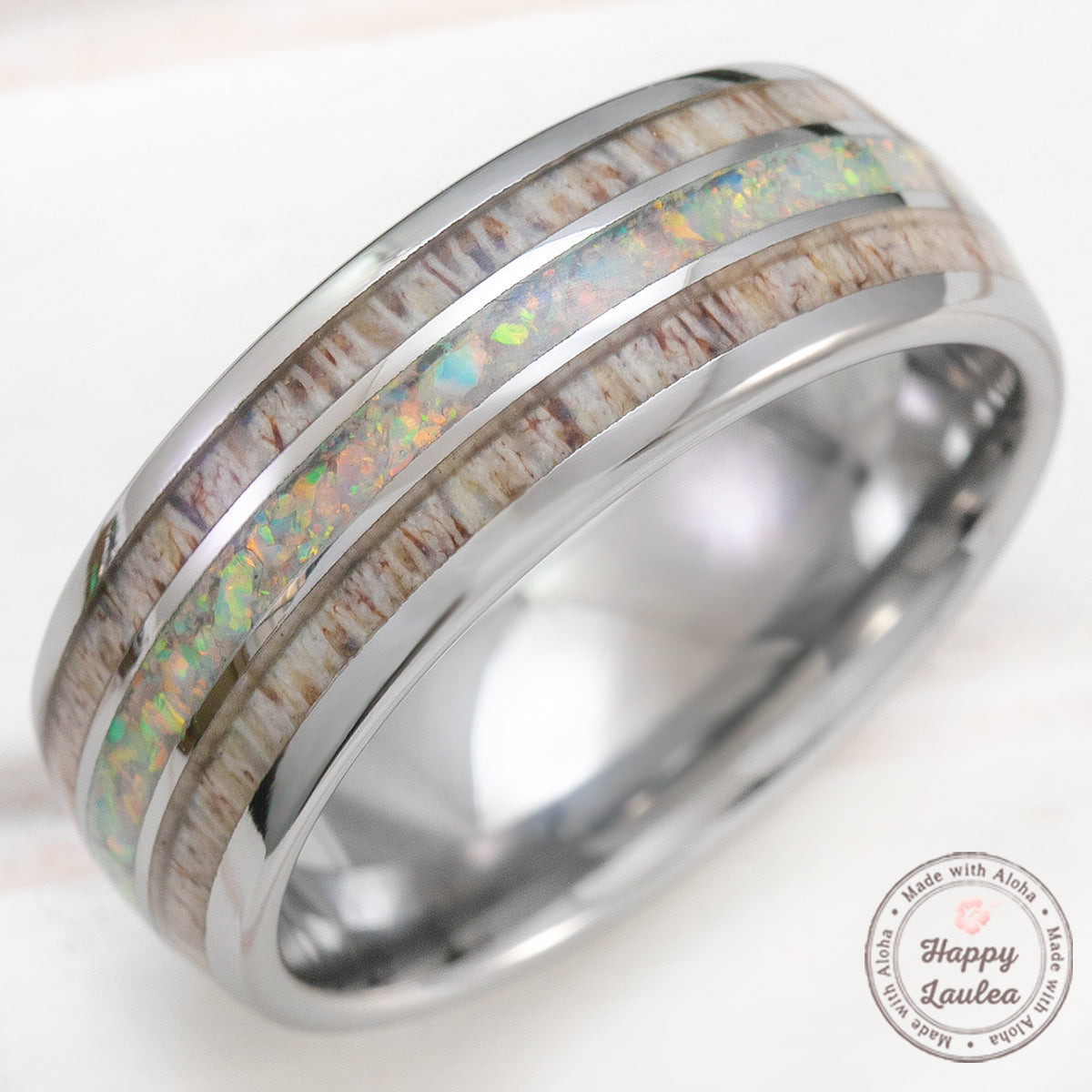 Tungsten Carbide 8mm Ring with White Opal & Antler Tri-Inlay - Dome Shape, Comfort Fitment