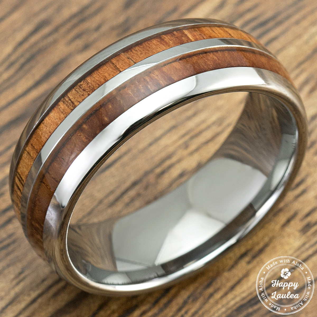 Tungsten Carbide Ring with Duo Koa Wood Inlay - 8mm, Comfort Fitment, Dome Shape