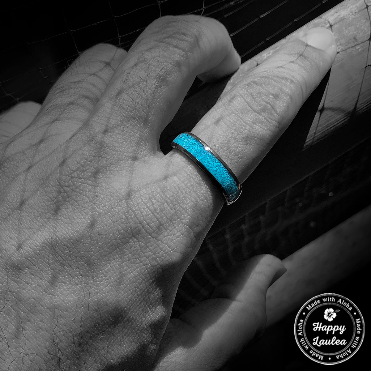 Black Zirconium Ring with Crushed Turquoise Inlay - 6mm, Dome Shape, Comfort Fitment