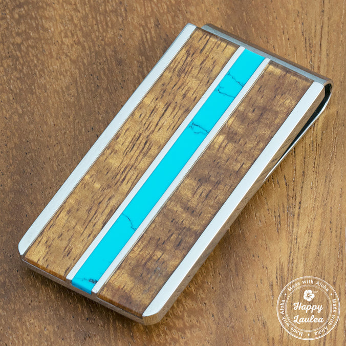 Stainless Steel Money Clip with Turquoise & Koa Wood Tri-Inlay