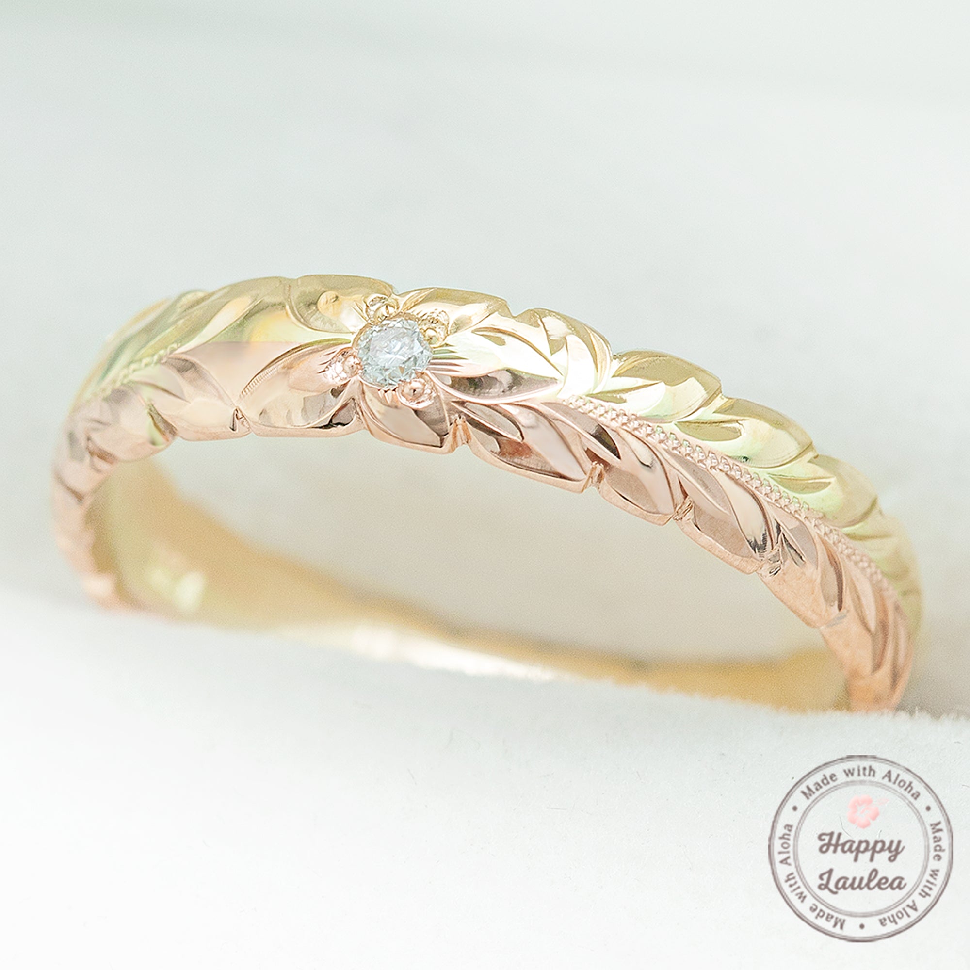 14K Solid Gold Two Color Maile Leaf Design Hawaiian Jewelry Ring with Diamond [ 4mm ] Barrel Shape with Cutout wave Edges