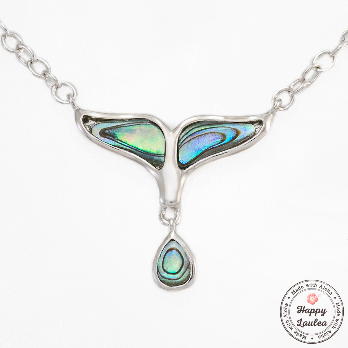 925 Sterling Silver Whale Tail & Tear Drop Necklace with Abalone Pau'a Shell Inlay